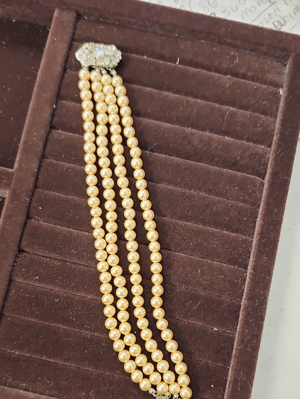 Vintage Signed Marvella 4-Strand Pearl Bracelet Stunning Rhinestone Clasp
